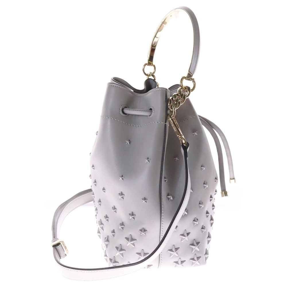 JIMMY CHOO(ジミーチュウ) BON BON BUCKET ボンボンバケット スタースタッズ ドローストリング 2Way レザー ハンド ショルダーバッグ グレー レディース
