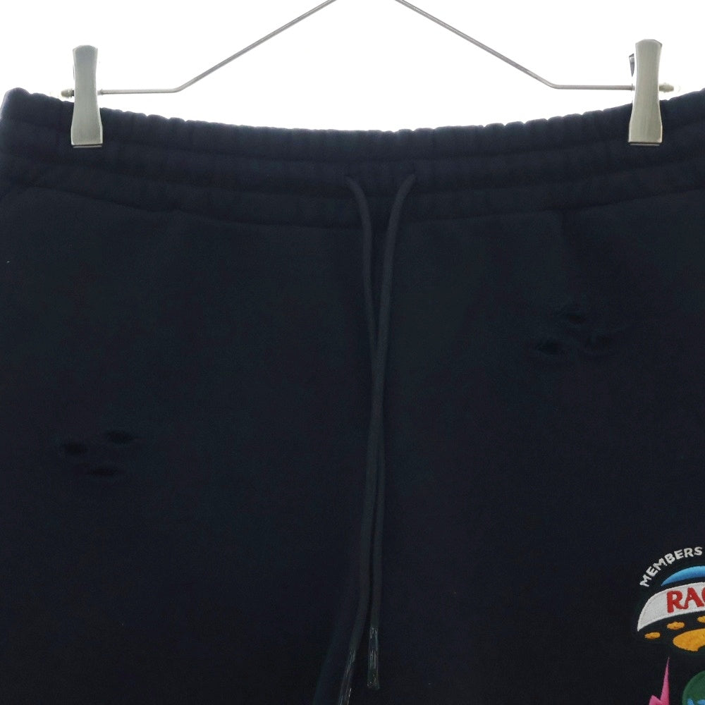 Members of THE Rage(メンバーズ オブ ザ レイジ) DISTRESSED SHORTS SMALL LOGO / BLK ダメージ加工 ロゴエンブロイダリー スウェット ショートパンツ ブラック