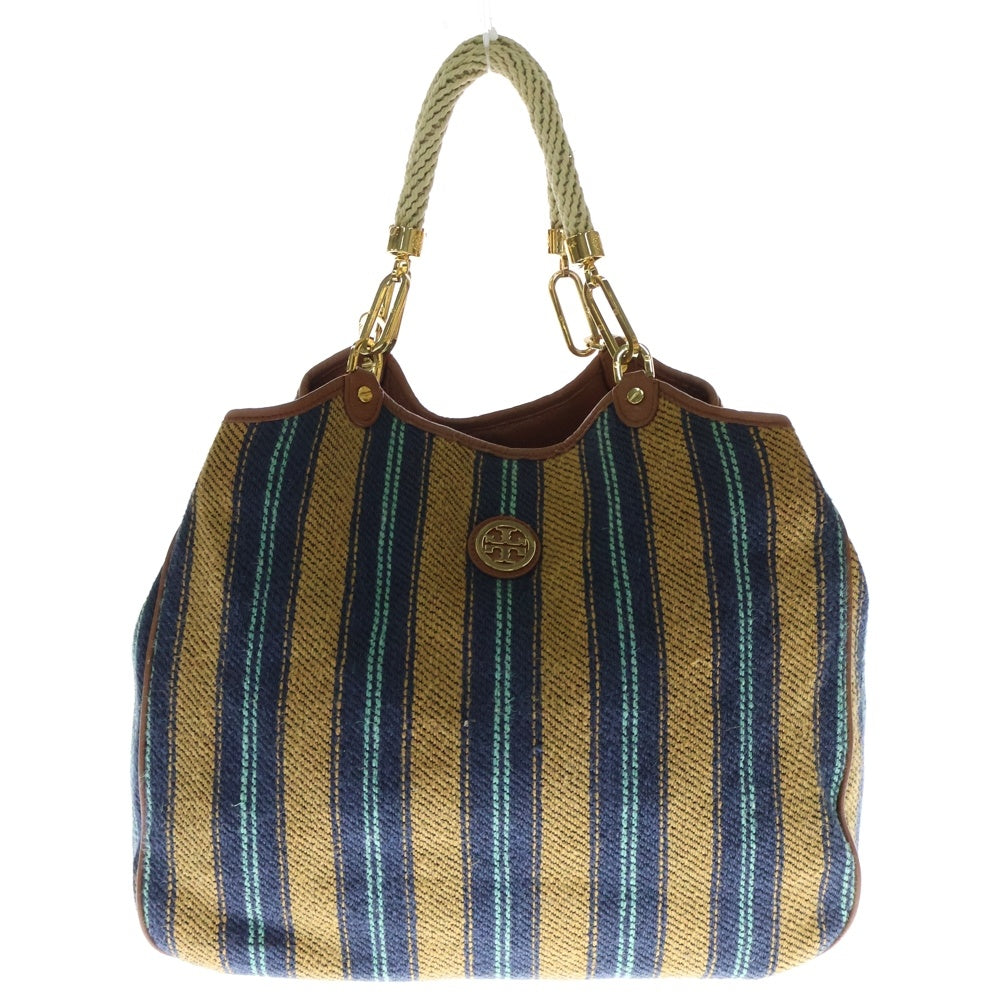 TORY BURCH(トリー バーチ) マルチストライプ ロゴモチーフ レザー切替 トートバッグ ブラウン/ネイビー/ブルー レディース