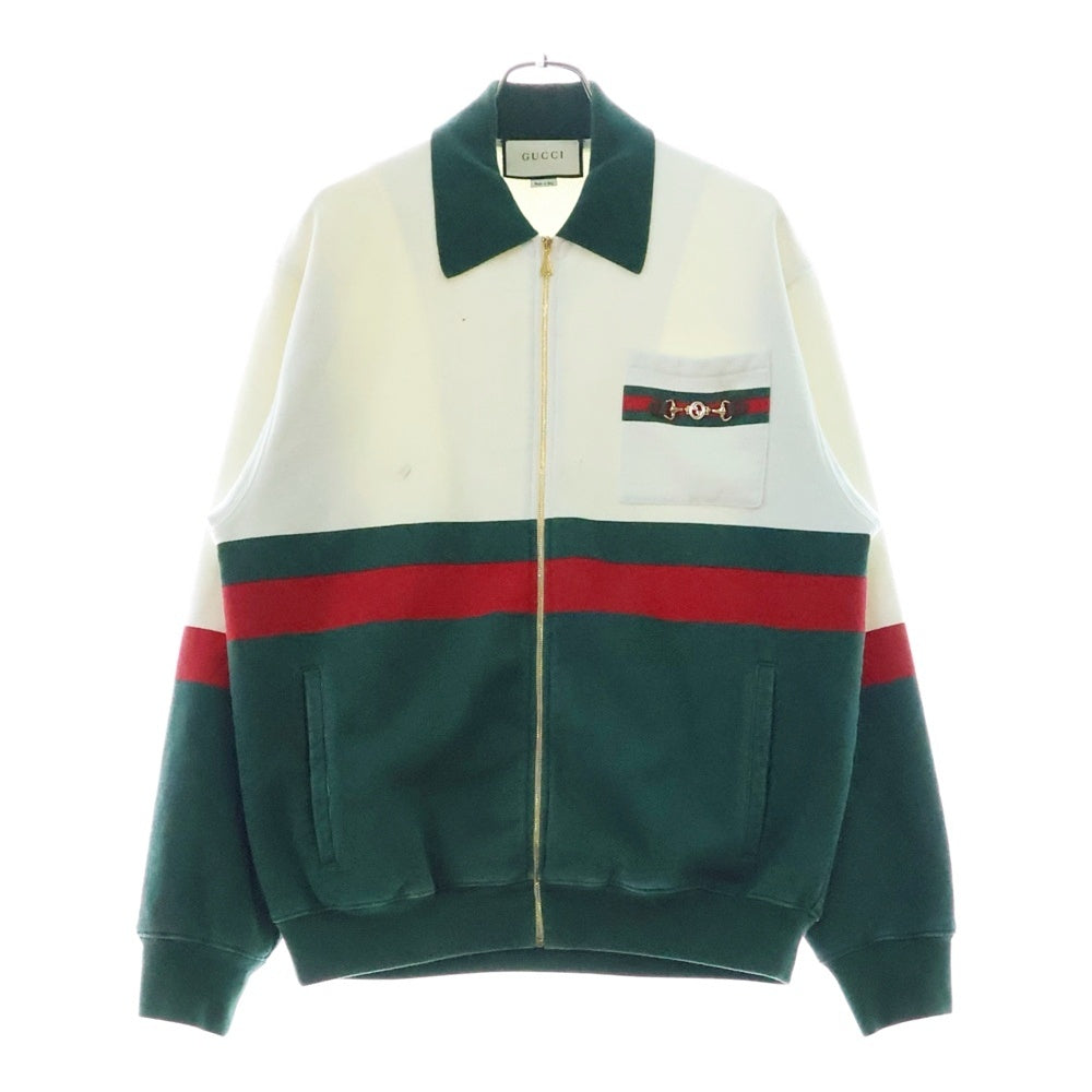 GUCCI(グッチ) シェリーライン ホースビット GGロゴプレート ジップアップ スウェット ジャケット グリーン/ホワイト 625402