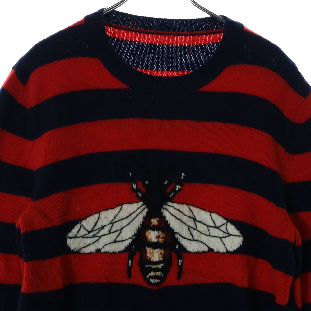 GUCCI(グッチ) Loved Bee ラブ ビー 蜂 ボーダー総柄 ウール長袖ニット セーター レッド/ネイビー 499248