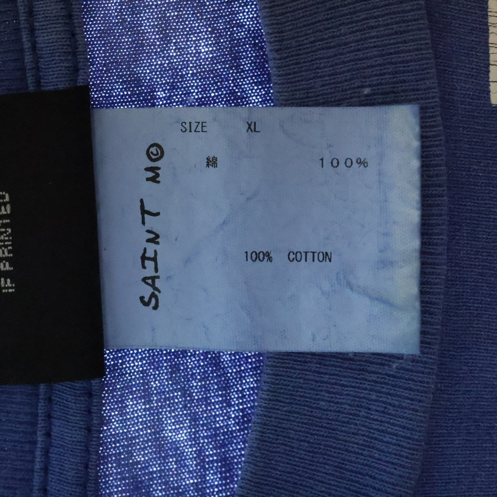 SAINT MICHAEL(セントマイケル) 22SS ヴィンテージ加工 フロントプリントTシャツ 半袖クルーネックカットソー ブルー SM-S22-0000-025
