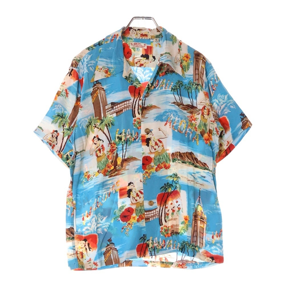 SUN SURF(サンサーフ) ALOHA TOWER アロハタワー 総柄プリント レーヨン オープンカラー ハワイアン 半袖シャツ ライトブルー SS31188