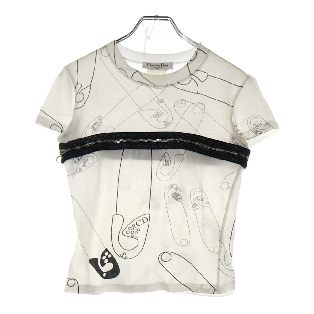 Christian Dior(クリスチャンディオール) 安全ピン 総柄プリント Dジップ デザイン 半袖Tシャツ カットソー ホワイト レディース