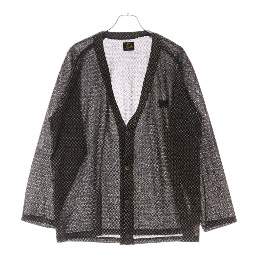 Needles(ニードルス) V-NECK CARDIGAN-R 胸ロゴ刺繍 レーヨン混 総柄Vネックカーディガン ブラック/ホワイト QV347