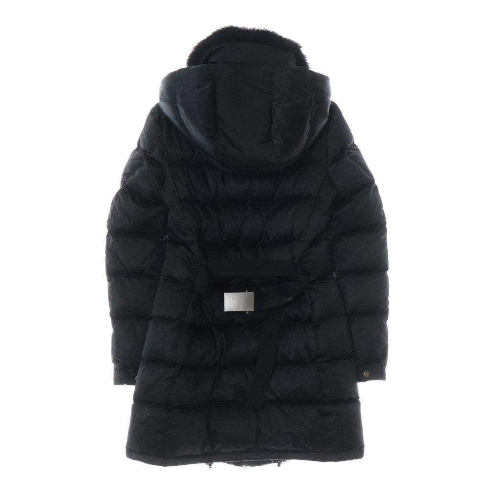 PRADA SPORT(プラダ スポーツ) ナイロン ラクーンファー ジップアップ フーデッド ロング ダウン コート レディース ブラック 28C062