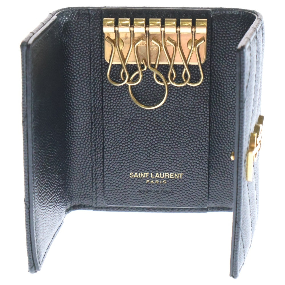 YVES SAINT LAURENT(イヴサンローラン) V字キルティング グレインド プードル エンボス レザー 六連 三つ折り キーケース ブラック 580656