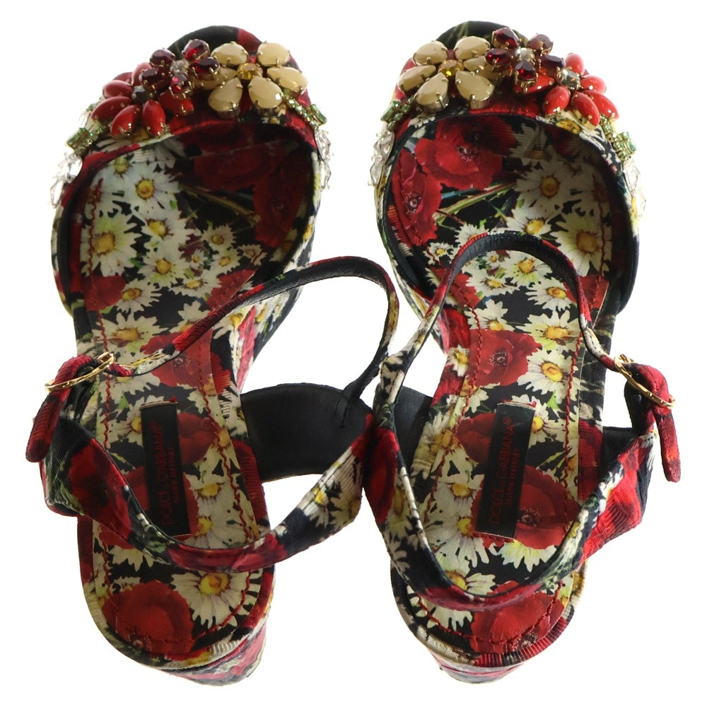 DOLCE & GABBANA(ドルチェアンドガッバーナ) クリスタル ウェッジソール ハイヒール フラワー ビジュー サンダル レディース マルチカラー