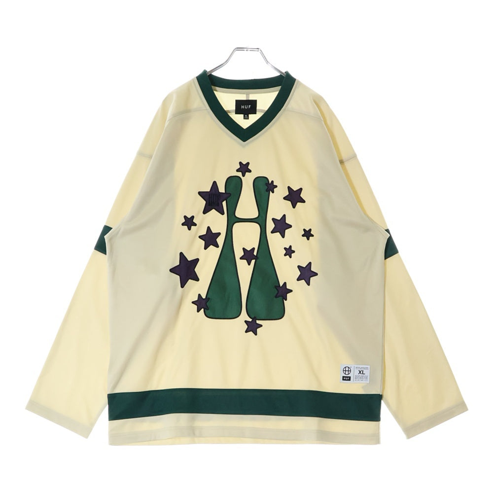 HUF(ハフ) H STARDUST JERSEY スター刺繍 長袖ホッケージャージー ゲームシャツ ベージュ/グリーン KN00468