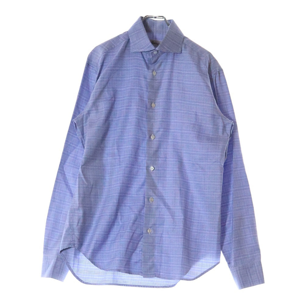 Brioni(ブリオーニ) イタリア製 チェック柄 ワイドカラー コットン 長袖シャツ ブルー
