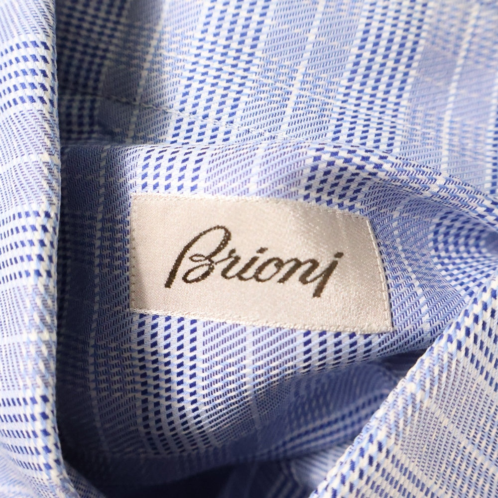 Brioni(ブリオーニ) イタリア製 チェック柄 ワイドカラー コットン 長袖シャツ ブルー
