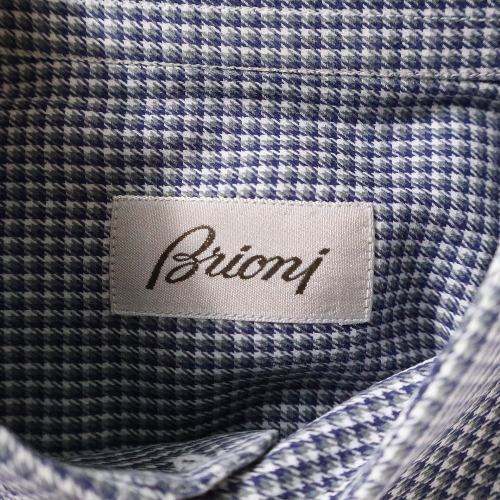 Brioni(ブリオーニ) イタリア製 千鳥格子 ワイドカラー コットン 長袖シャツ ネイビー/グレー