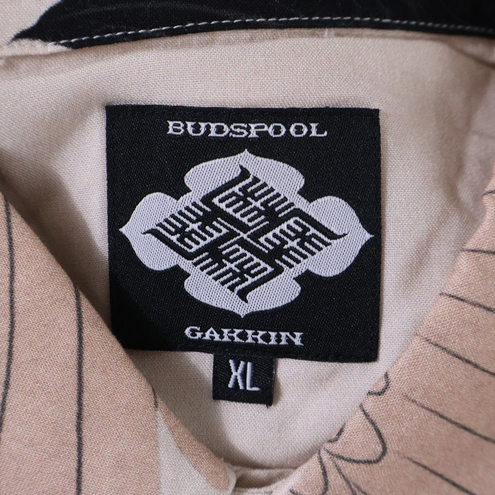 BUDSPOOL(バッズプール) ×GAKKIN ガッキン 赤目鶴 HAWAIIAN SHIRT レーヨン ハワイアン オープンカラー 半袖シャツ サーモンピンク/ブラック