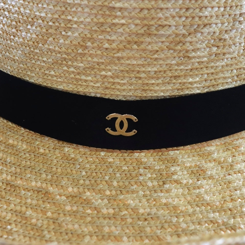 CHANEL(シャネル) ココマークリボン ストローハット 帽子 ベージュ/ブラック レディース
