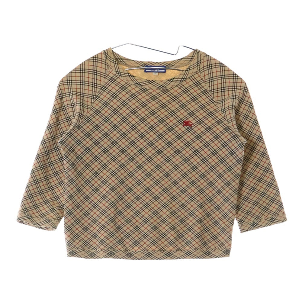 BURBERRY BLUE LABEL(バーバリーブルーレーベル) バイアス ノヴァチェック ロゴ エンブロイダリー クルーネック ラグランスリーブ Tシャツ カットソー レディース ベージュ FA509-176