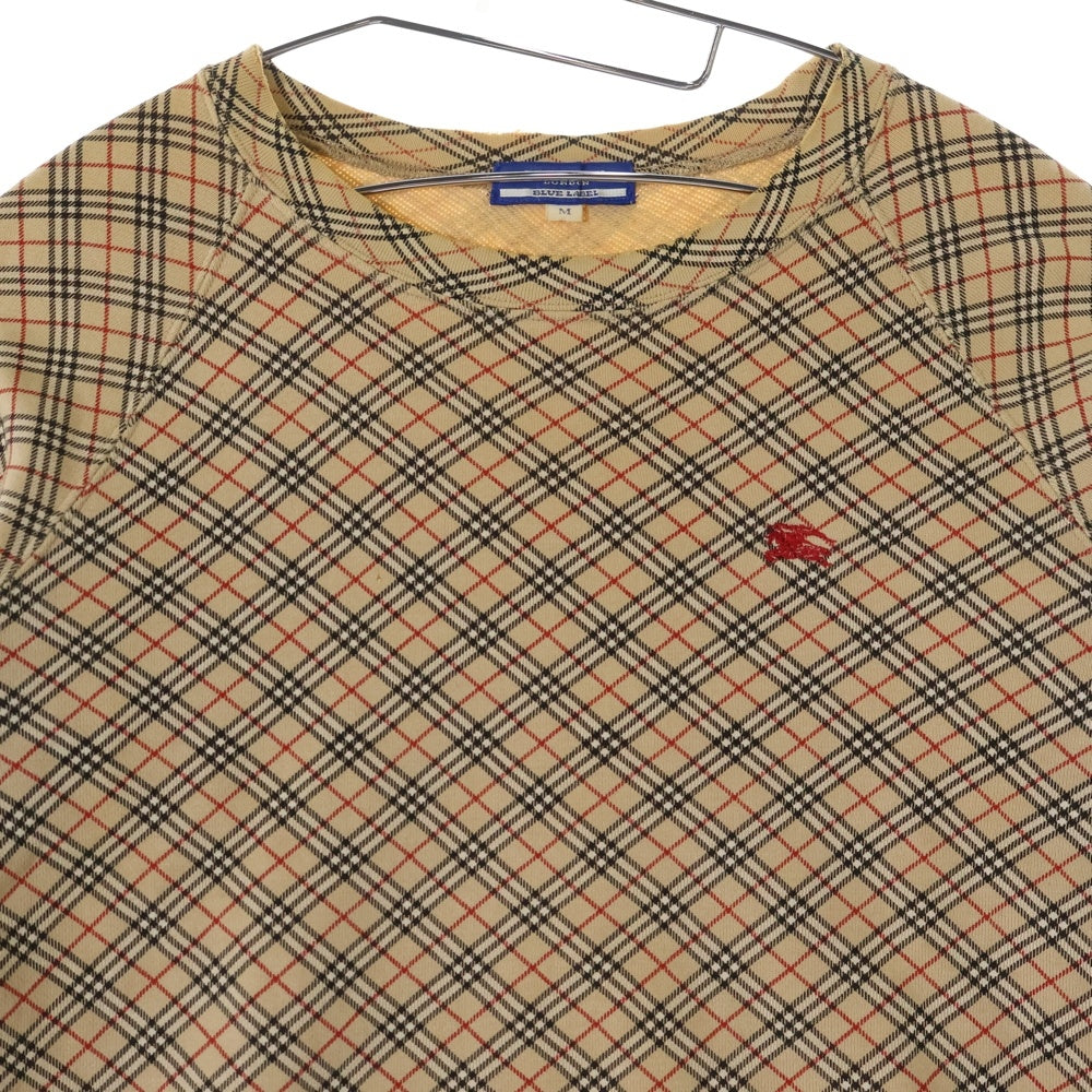 BURBERRY BLUE LABEL(バーバリーブルーレーベル) バイアス ノヴァチェック ロゴ エンブロイダリー クルーネック ラグランスリーブ Tシャツ カットソー レディース ベージュ FA509-176