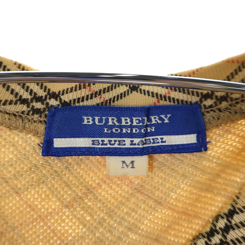 BURBERRY BLUE LABEL(バーバリーブルーレーベル) バイアス ノヴァチェック ロゴ エンブロイダリー クルーネック ラグランスリーブ Tシャツ カットソー レディース ベージュ FA509-176