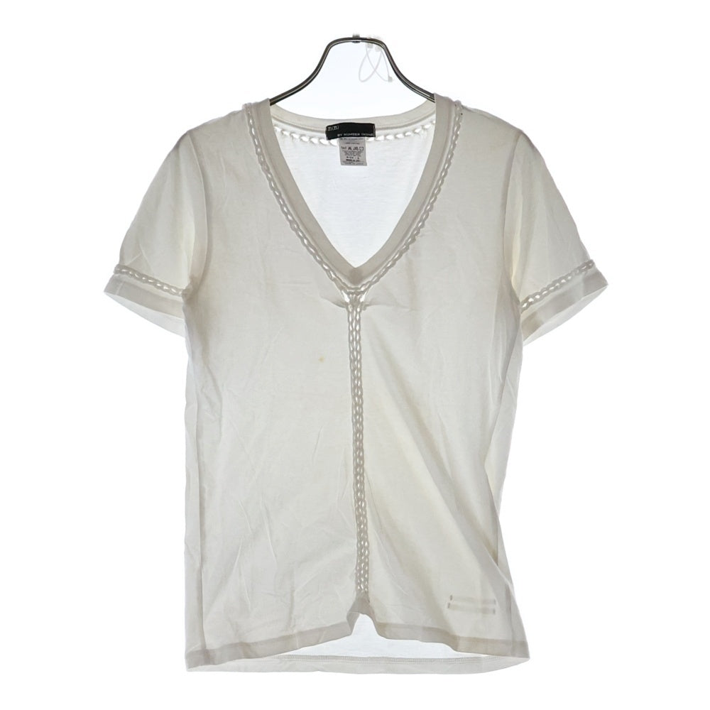 n(n) by NUMBER (N)INE(エヌエヌバイナンバーナイン) 編み込みデザイン Vネック半袖Tシャツ カットソー レディース ホワイト