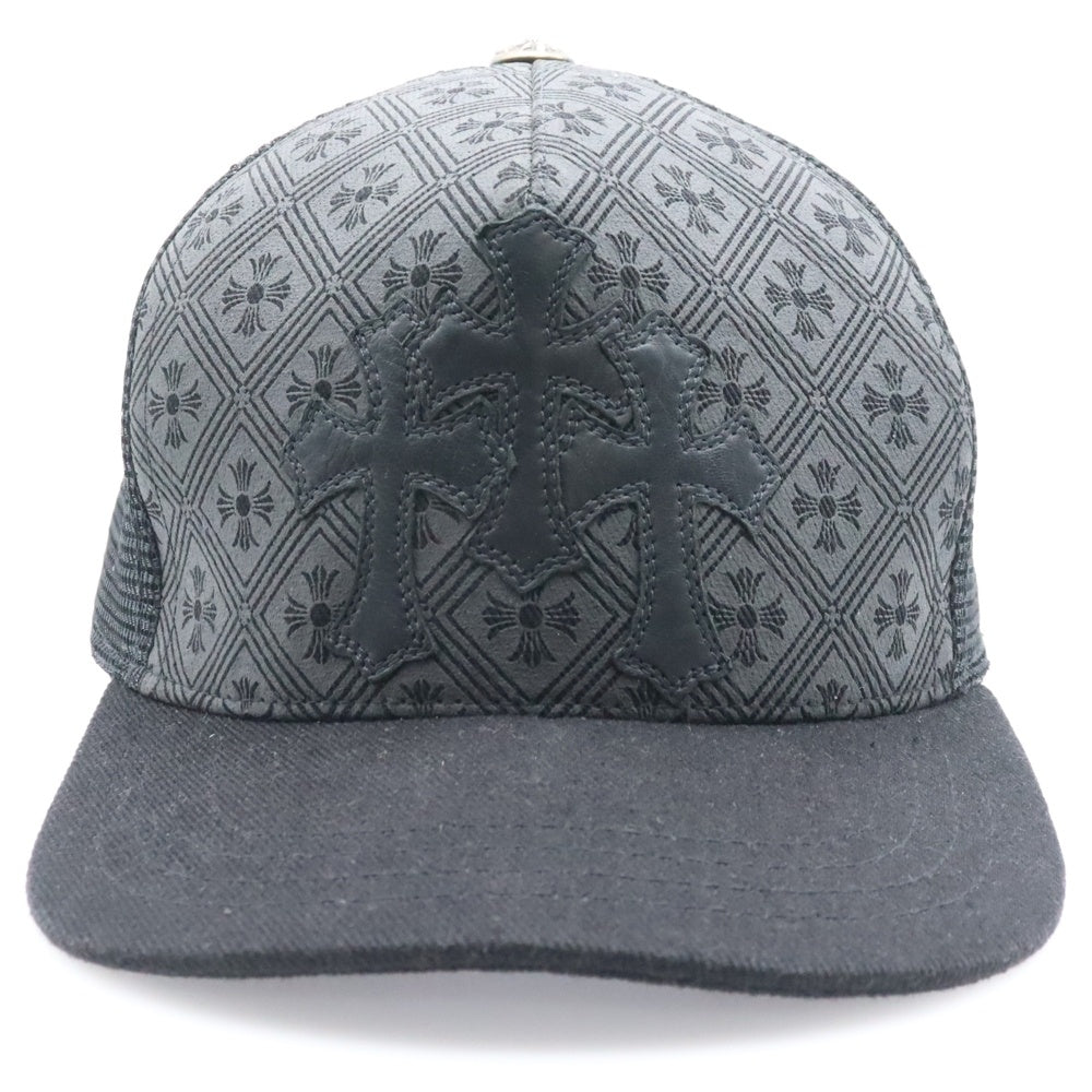 CHROME HEARTS(クロムハーツ) TRUCKER CAP レザークロスパッチ 総柄プリント クロスボール メッシュ トラッカーキャップ 帽子 ブラック
