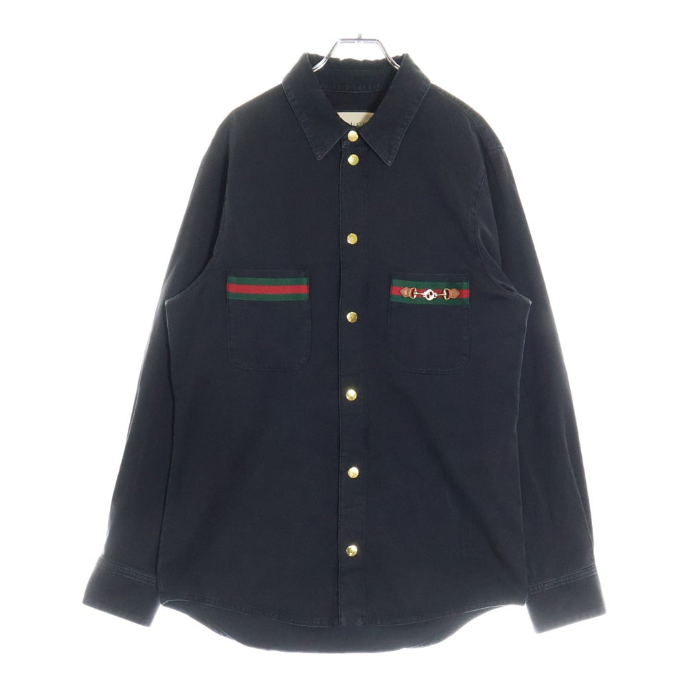 GUCCI(グッチ) 21SS WASHED ORGANIC DENIM SHIRT ウォッシュドオーガニック ホースビット シェリーラインポケット メタルボタン デニムシャツ ブラック 626480 XDBJD