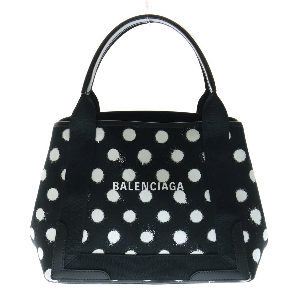 BALENCIAGA(バレンシアガ) NAVY CABAS S ネイビーカバス ポーチ付き ドット フロントロゴ キャンバス ハンドバッグ ブラック レディース 339933 1097