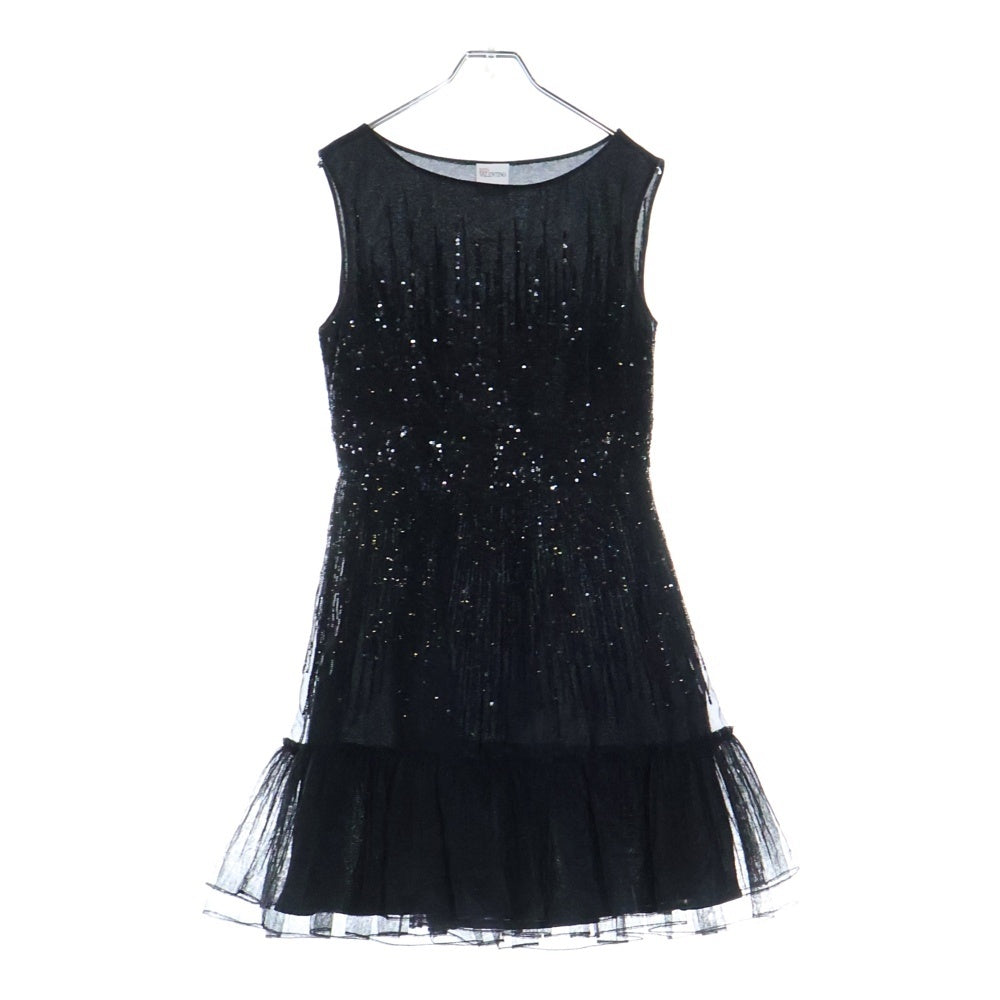 RED VALENTINO(レッド ヴァレンティノ) スパンコール エンブロイダリー ギャザー チュール ノースリーブ ドレス ワンピース レディース ブラック