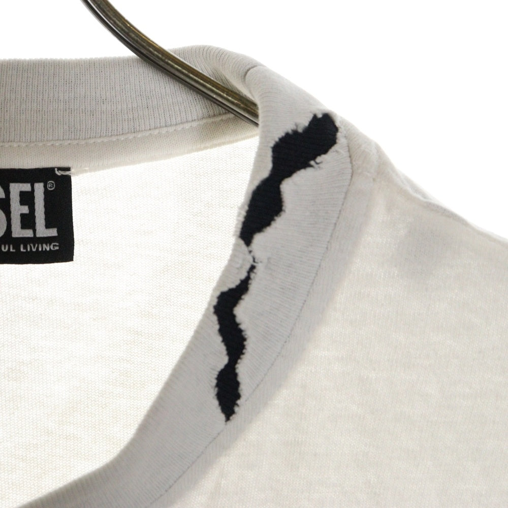 DIESEL(ディーゼル) T-WASHROT DSL ロゴ刺繍 ダメージ加工 クルーネック カットソー 半袖Tシャツ ホワイト A085660EFAN