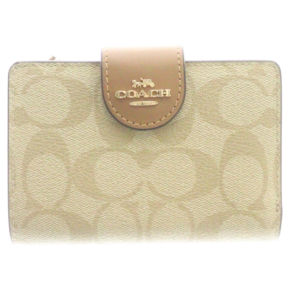 COACH(コーチ) 金ロゴ L字ジップ シグネイチャー コンパクトウォレット 財布 レディース ベージュ C0082