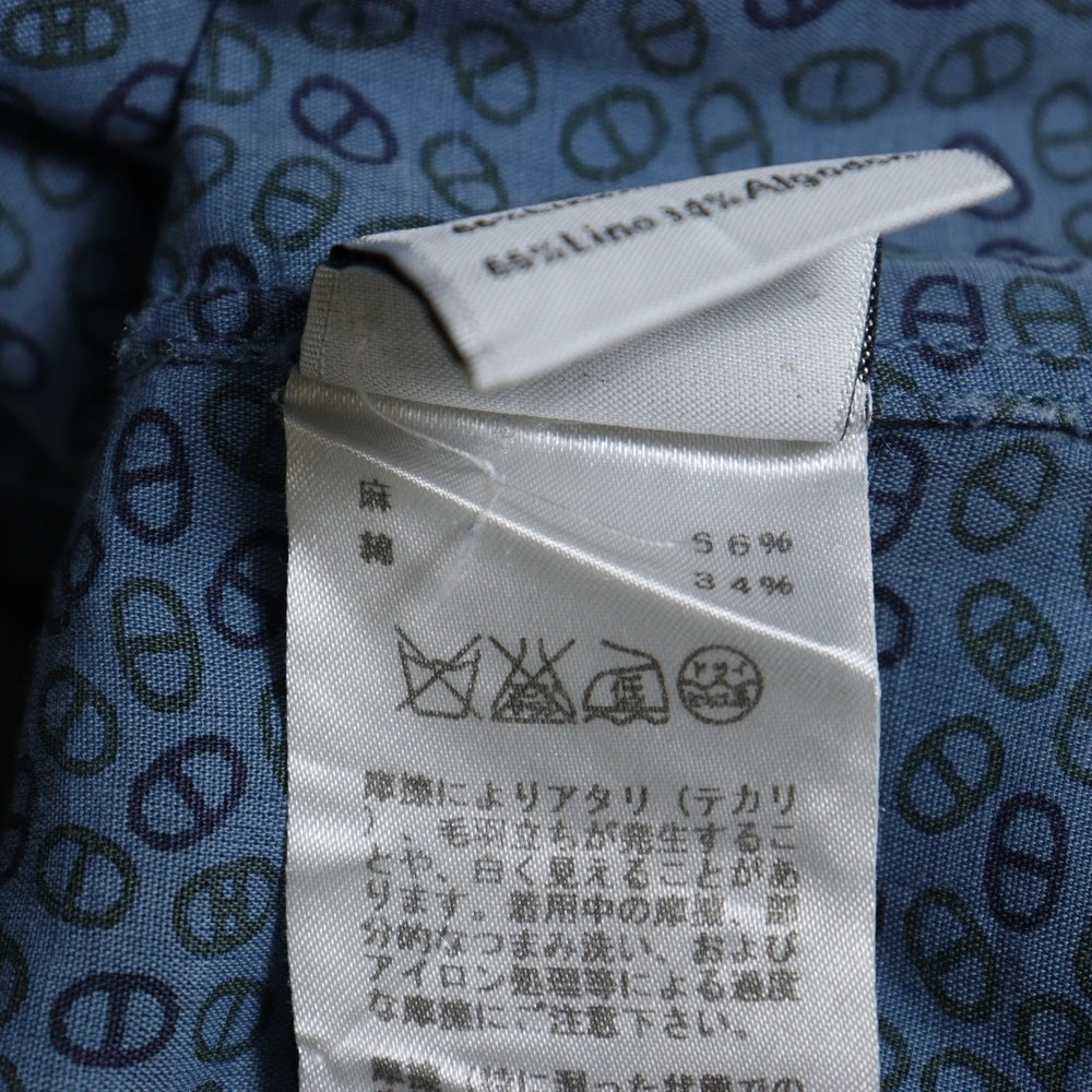 HERMES(エルメス) CHEMISES SUR MESURE フランス製 総柄 コットンリネン ボタンダウン 半袖シャツ ブルー