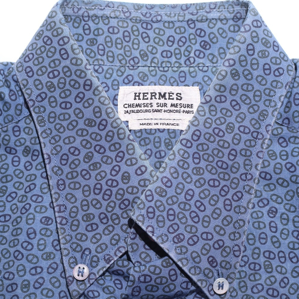 HERMES(エルメス) CHEMISES SUR MESURE フランス製 総柄 コットンリネン ボタンダウン 半袖シャツ ブルー