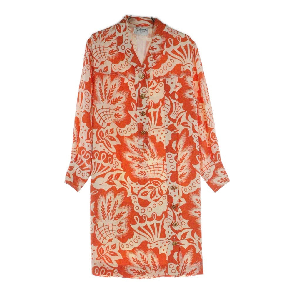 CHANEL(シャネル) VINTAGE ヴィンテージ フローラルプリント シルク ココボタン ワンピース オレンジ レディース