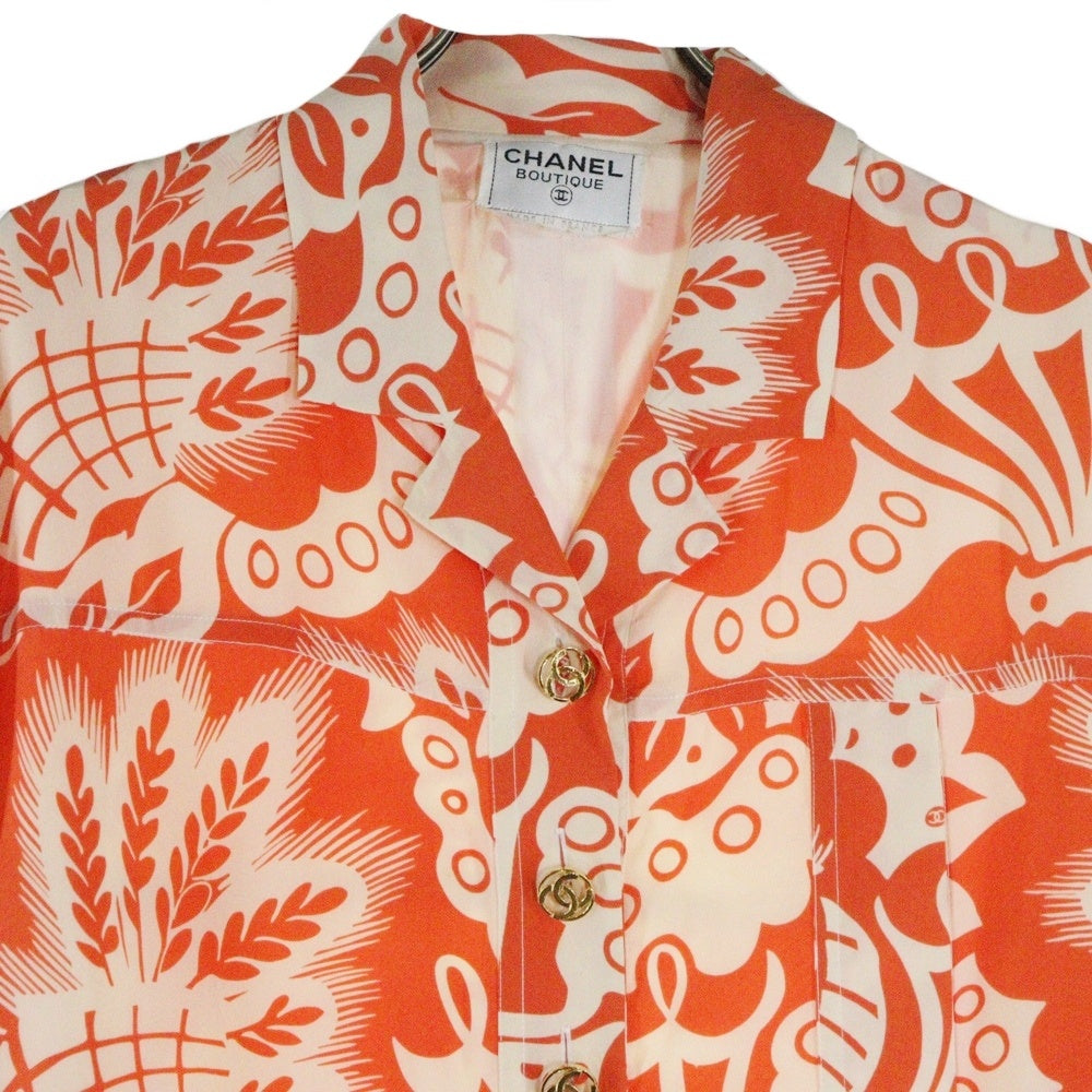 CHANEL(シャネル) VINTAGE ヴィンテージ フローラルプリント シルク ココボタン ワンピース オレンジ レディース