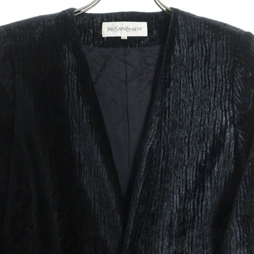YVES SAINT LAURENT(イヴサンローラン) ダブルポケット ノーカラー ボタンレス ベロア テーラードジャケット ブラック HZB82-744