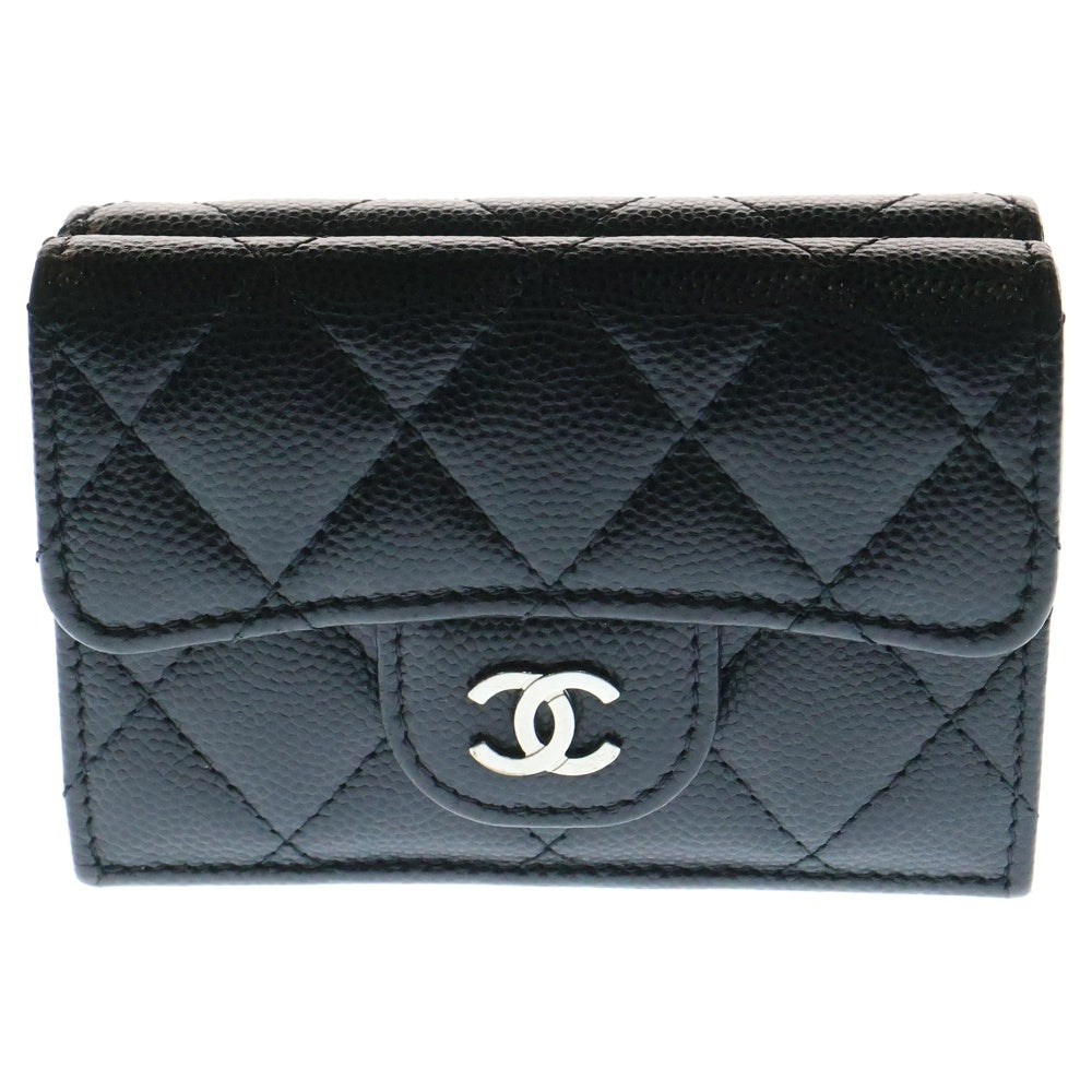 CHANEL(シャネル) マトラッセ ココマーク キャビアスキン シルバー金具 三つ折り財布 ブラック レディース AP0230 31番台