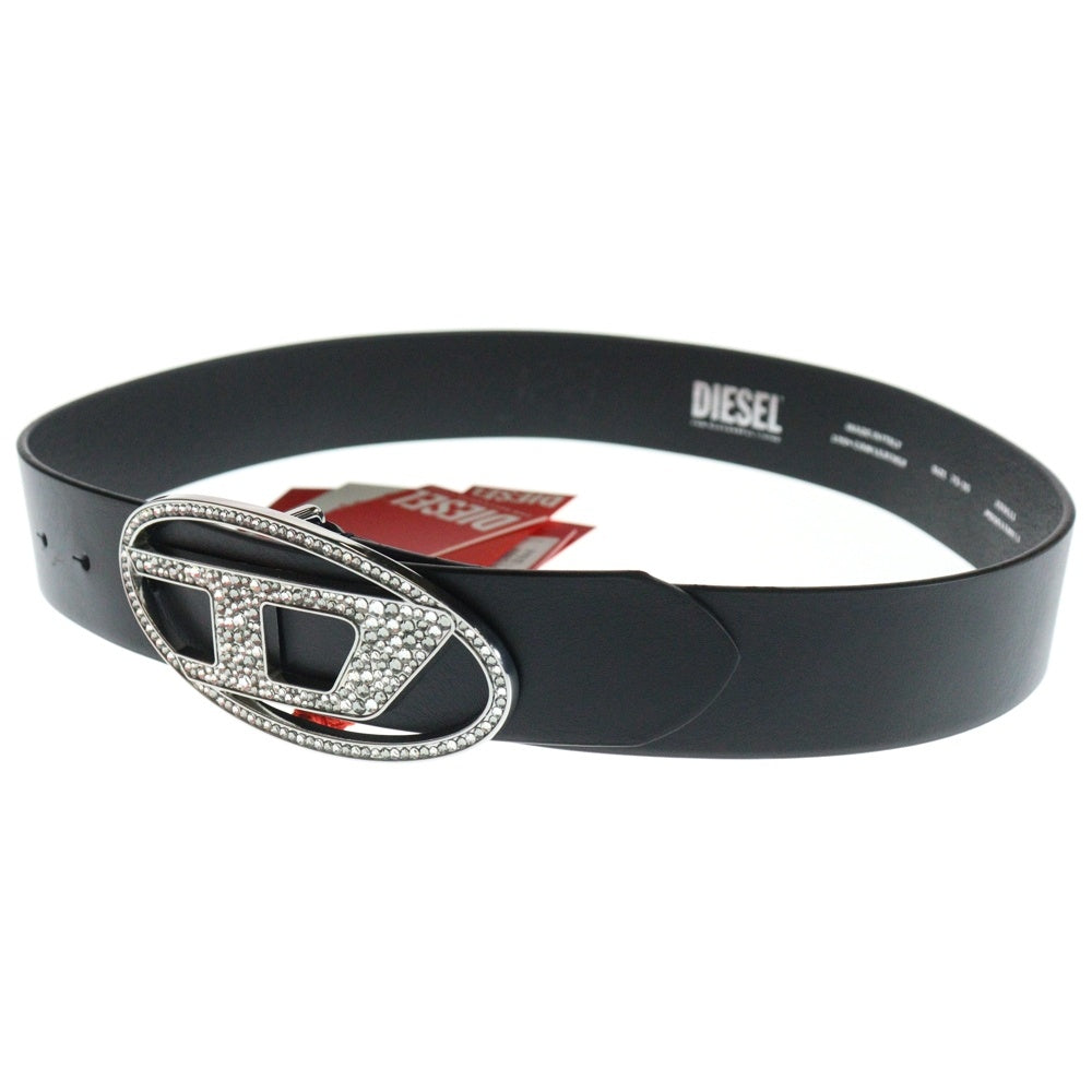 DIESEL(ディーゼル) B-1DR STRASS ストラス ロゴバックル ビジュー レザー ベルト シルバー ブラック X09611