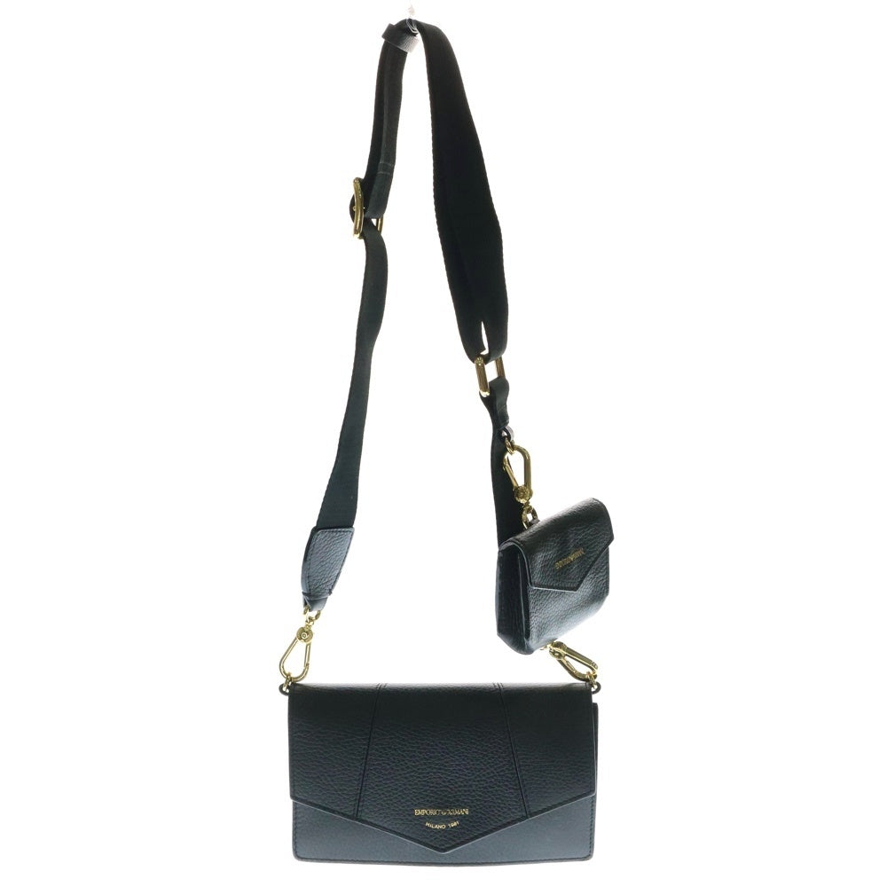 EMPORIO ARMANI(エンポリオアルマーニ) ロゴプリント レザー ミニポーチ付き ショルダーバッグ ブラック/ゴールド レディース