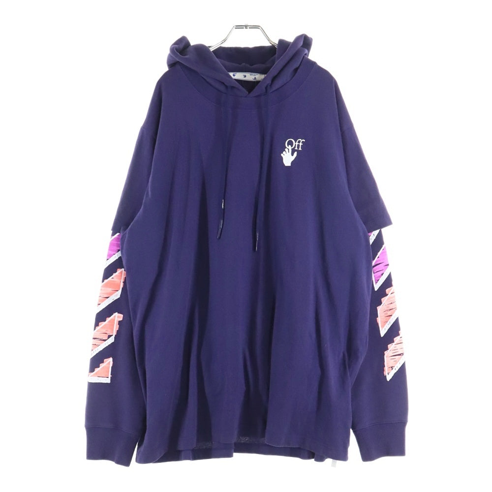 OFF-WHITE(オフホワイト) 21SS MARKER DOUBLE TEE HOODIE マーカーアロー グラフィックプリント レイヤード スウェット プルオーバーパーカー パープル OMBB051R21FLE002