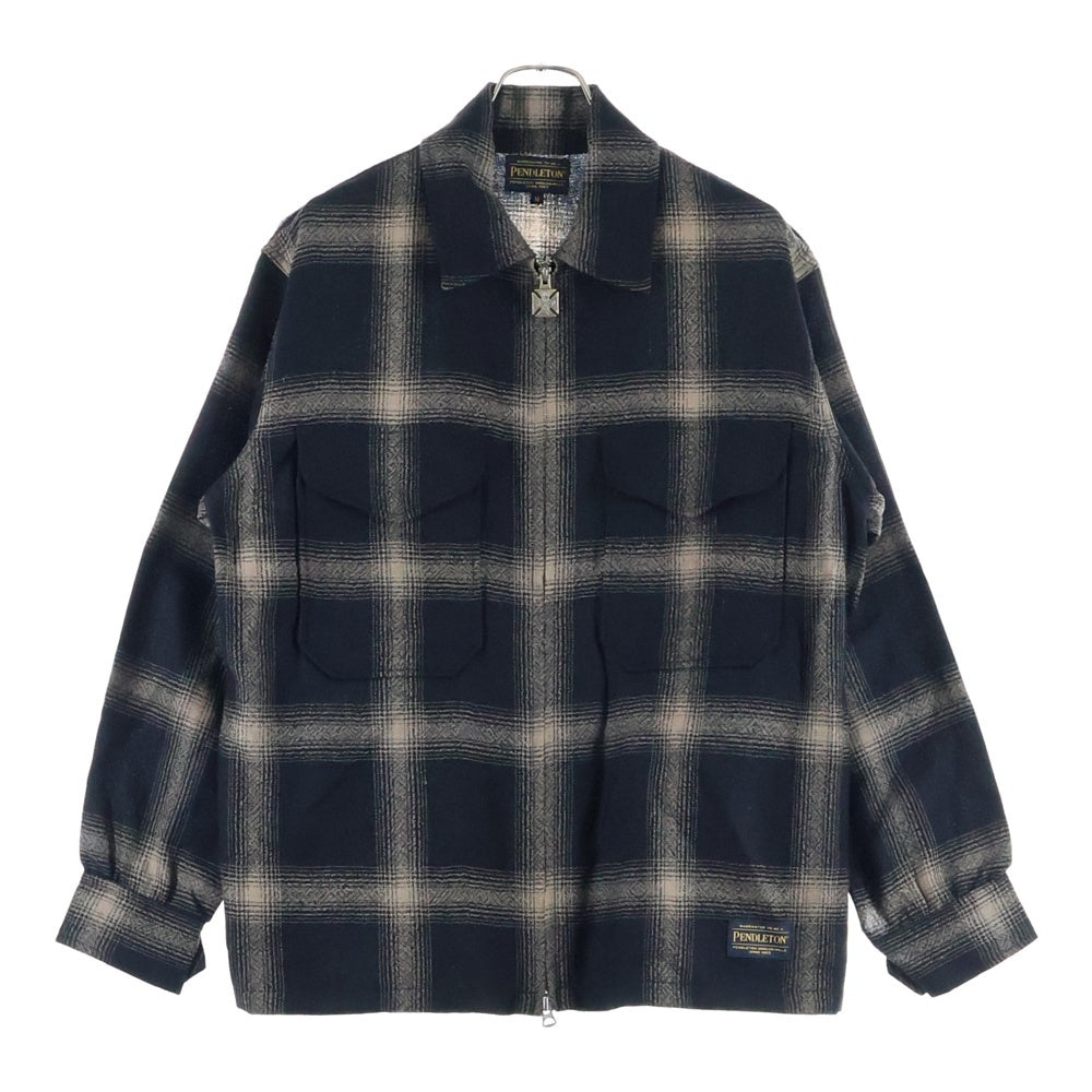 PENDLETON(ペンドルトン) × BILL WALL LEATHER CPO Zip Blouson ビルウォールレザー チェック ウール ジップアップ シャツジャケット ブラック/ベージュ 2475-9219
