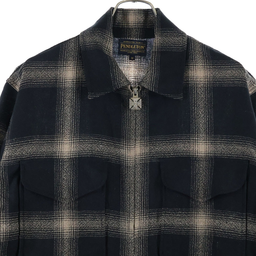 PENDLETON(ペンドルトン) × BILL WALL LEATHER CPO Zip Blouson ビルウォールレザー チェック ウール ジップアップ シャツジャケット ブラック/ベージュ 2475-9219
