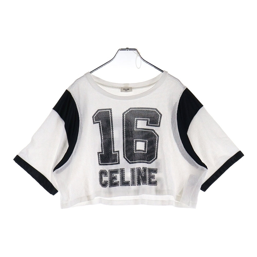 CELINE(セリーヌ) ナンバープリント メッシュ クロップド クルーネック半袖Tシャツ カットソー レディース ホワイト/ブラック 2X94D785T