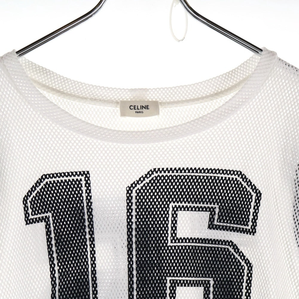 CELINE(セリーヌ) ナンバープリント メッシュ クロップド クルーネック半袖Tシャツ カットソー レディース ホワイト/ブラック 2X94D785T