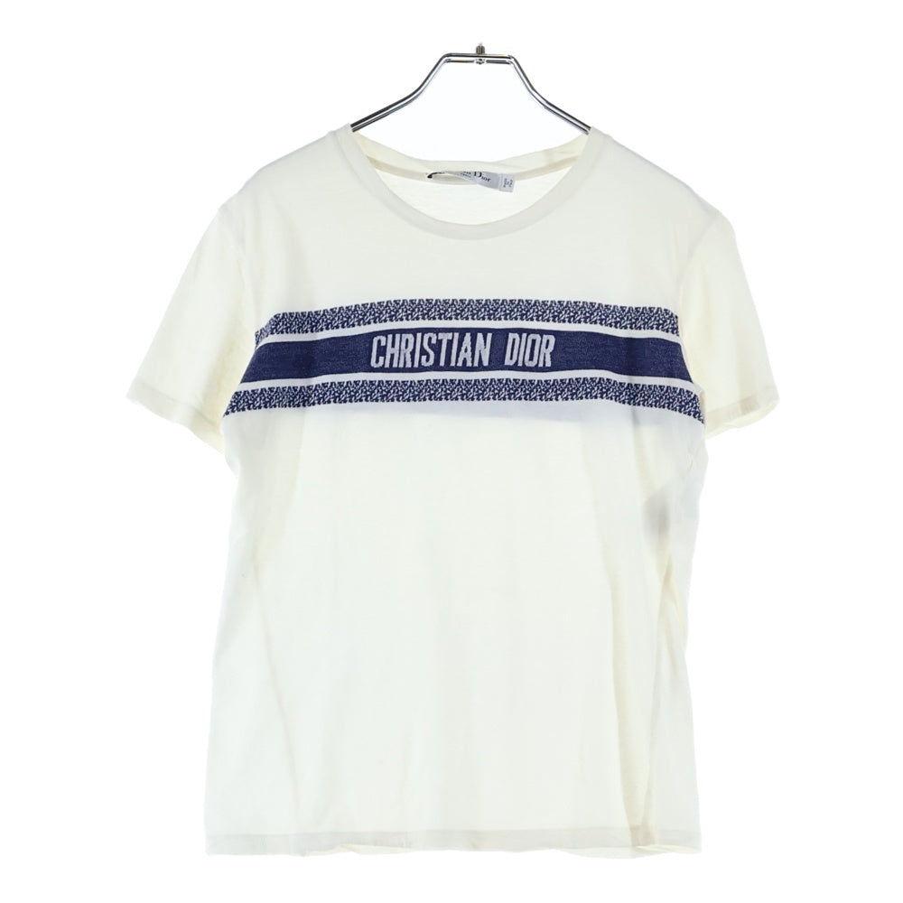 Christian Dior(クリスチャンディオール) シグネイチャーロゴ コットン クルーネック 半袖 Tシャツ カットソー レディース ホワイト/ネイビー 143T04A4043
