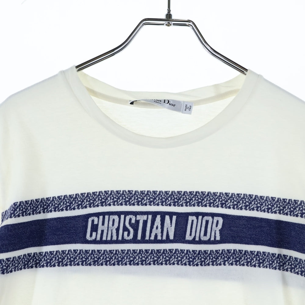 Christian Dior(クリスチャンディオール) シグネイチャーロゴ コットン クルーネック 半袖 Tシャツ カットソー レディース ホワイト/ネイビー 143T04A4043