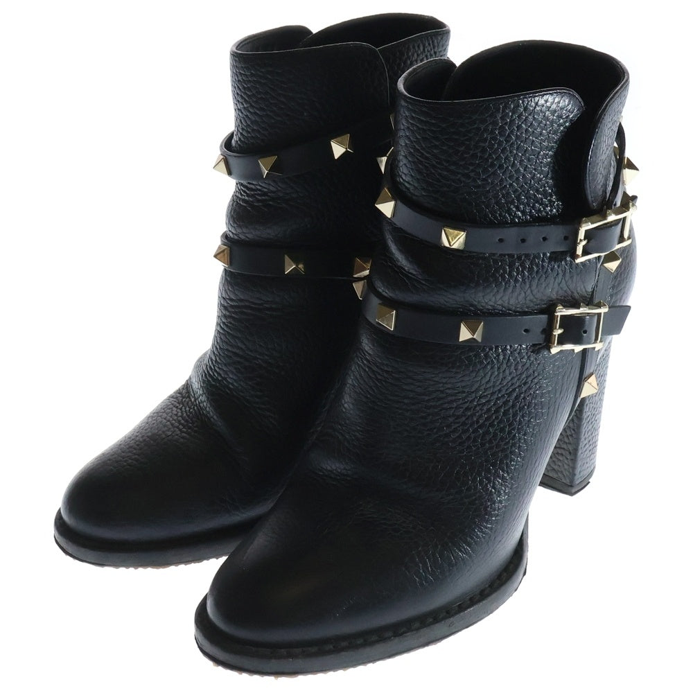 valentino garavan(ヴァレンティノガラヴァーニ) ロックスタッズ ベルト レザー ショート アンクル ブーツ レディース ブラック