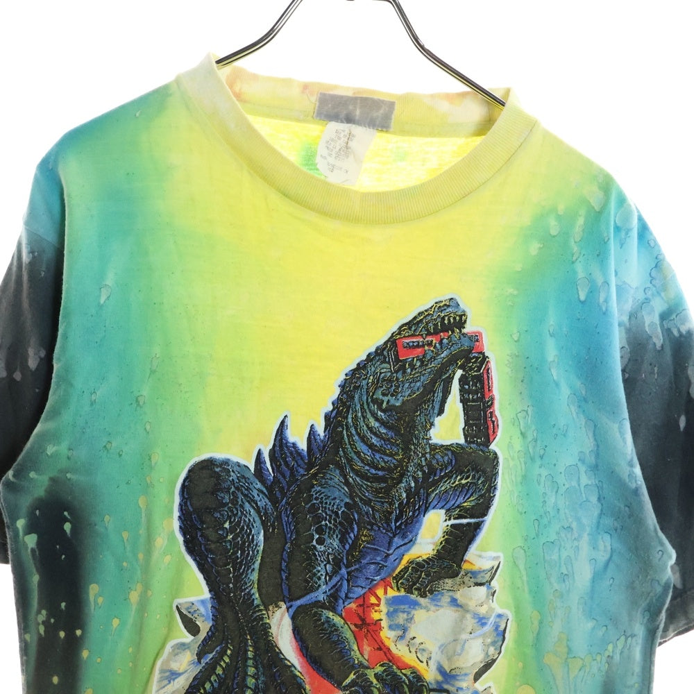 NO BRAND(ノーブランド) GODZILLA 染め加工 フロントプリント 半袖Tシャツ マルチカラー