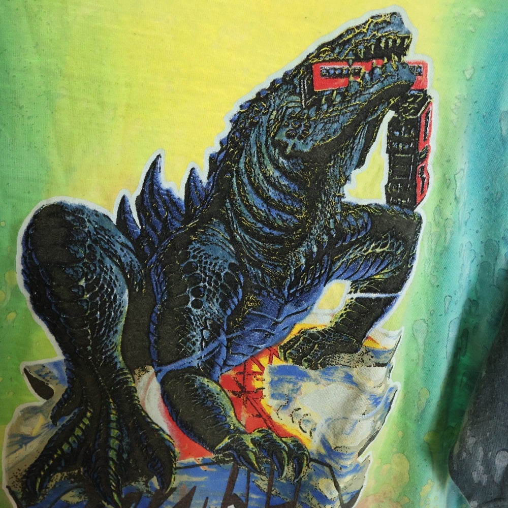 NO BRAND(ノーブランド) GODZILLA 染め加工 フロントプリント 半袖Tシャツ マルチカラー