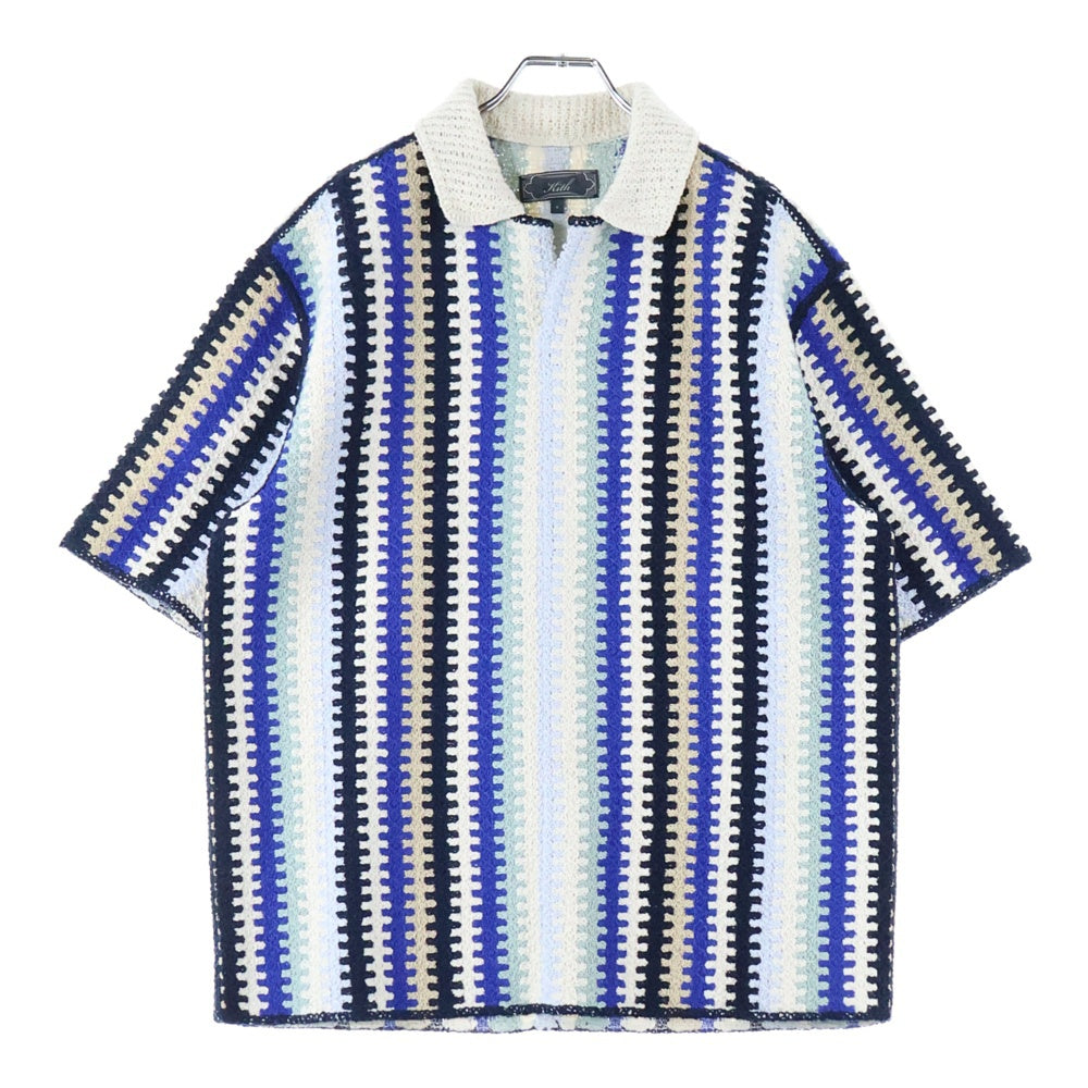 KITH(キス) 25SS Keyon Crochet Pullover キーオン クロッシェ プルオーバーニット半袖シャツ ブルー/ホワイト 25-071-060-0010