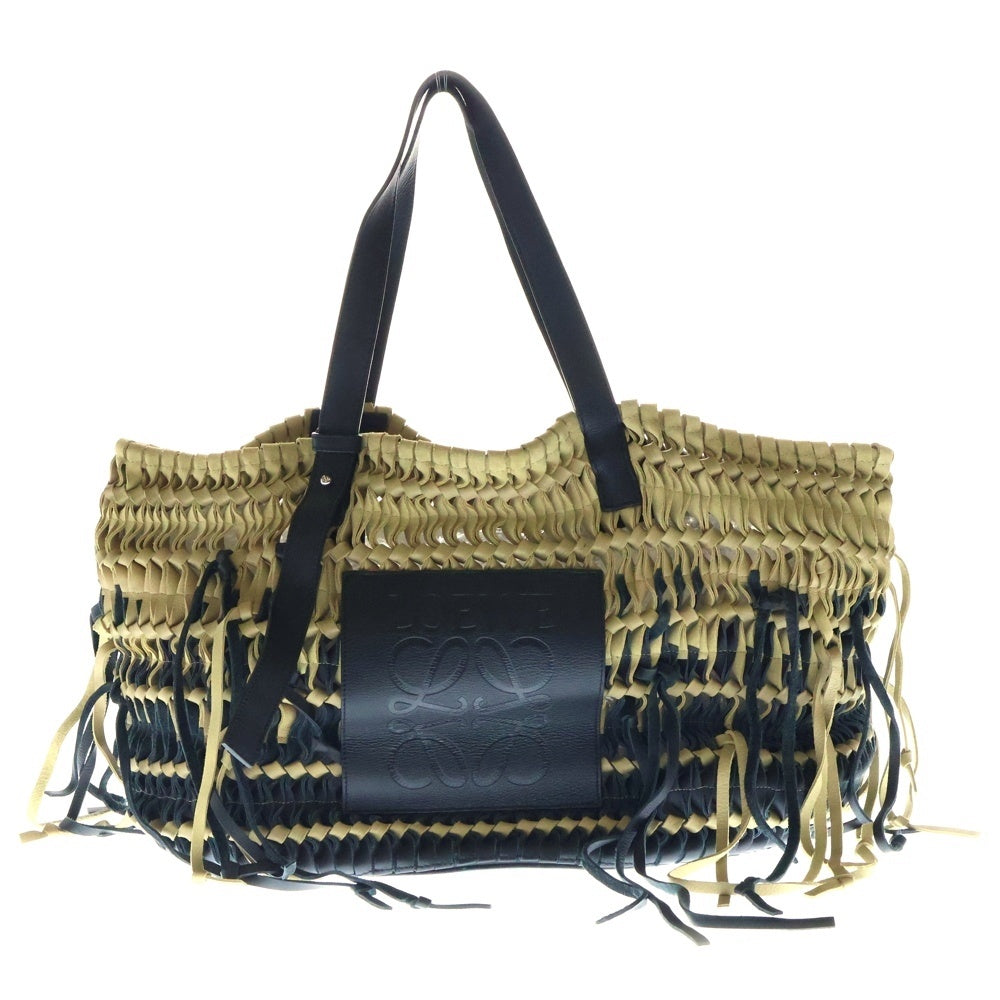 LOEWE(ロエベ) BOLSO WOVEN ボルソ ウーヴン フリンジ レザー ロゴデザイン トートバッグ ブラック/ベージュ