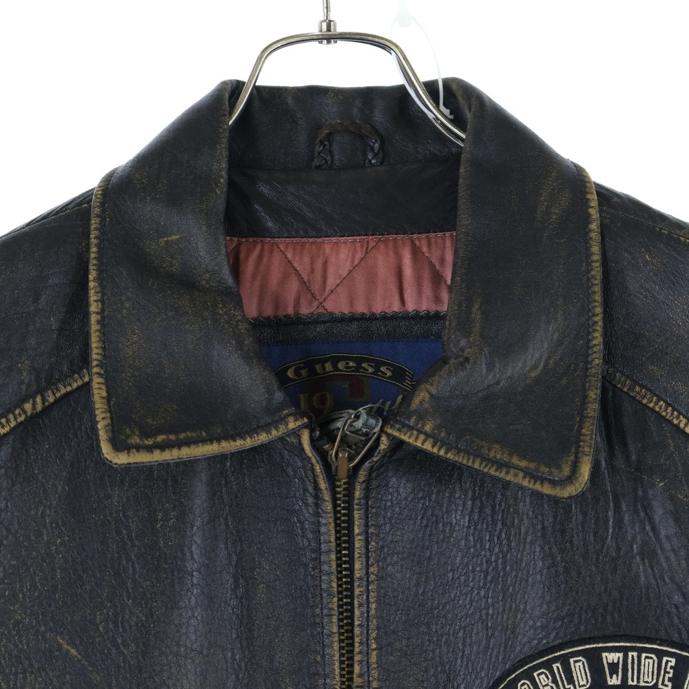 GUESS(ゲス) 90S VINTAGE LEATHER JACKET ヴィンテージ ワッペン刺繍 ジップアップレザージャケット ブラウン