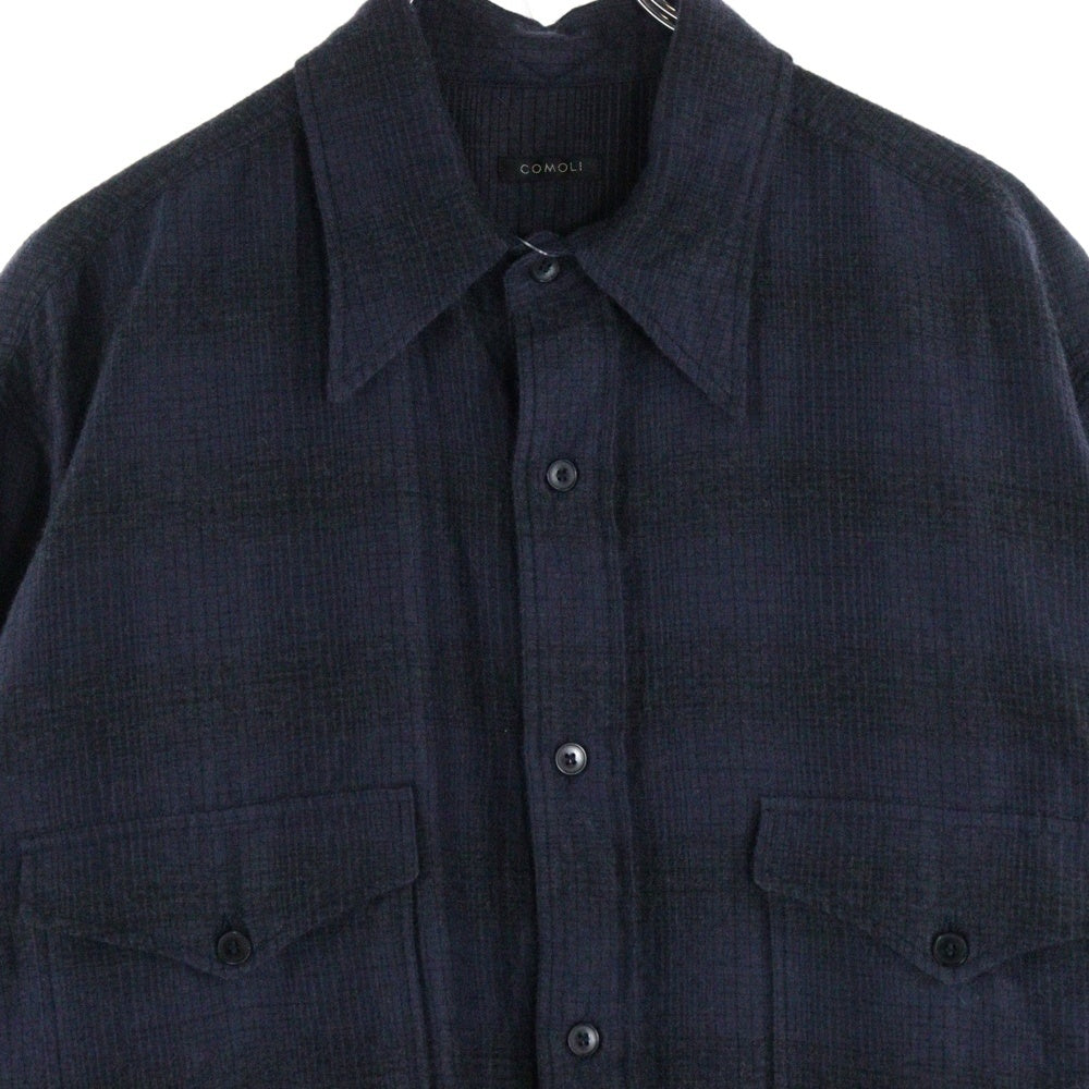 COMOLI(コモリ) 21AW ダブルフラップポケット ボーダー 長袖シャツ ネイビー U03-02010